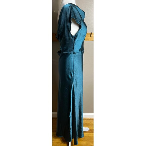 Teal Satin Dress Cap Sleeve Cowl Midi Maxi Formal Party Occasion Glam Womens L - Picture 11 of 13
